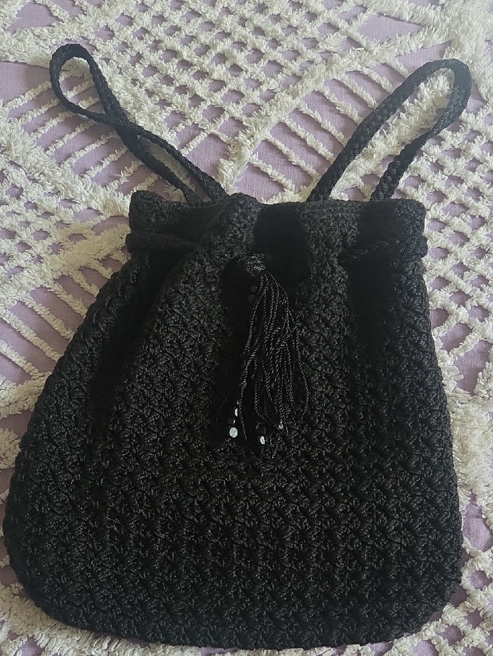 The Sak Black Crochet Drawstring Backpack Bucket Bag Vintage Boho